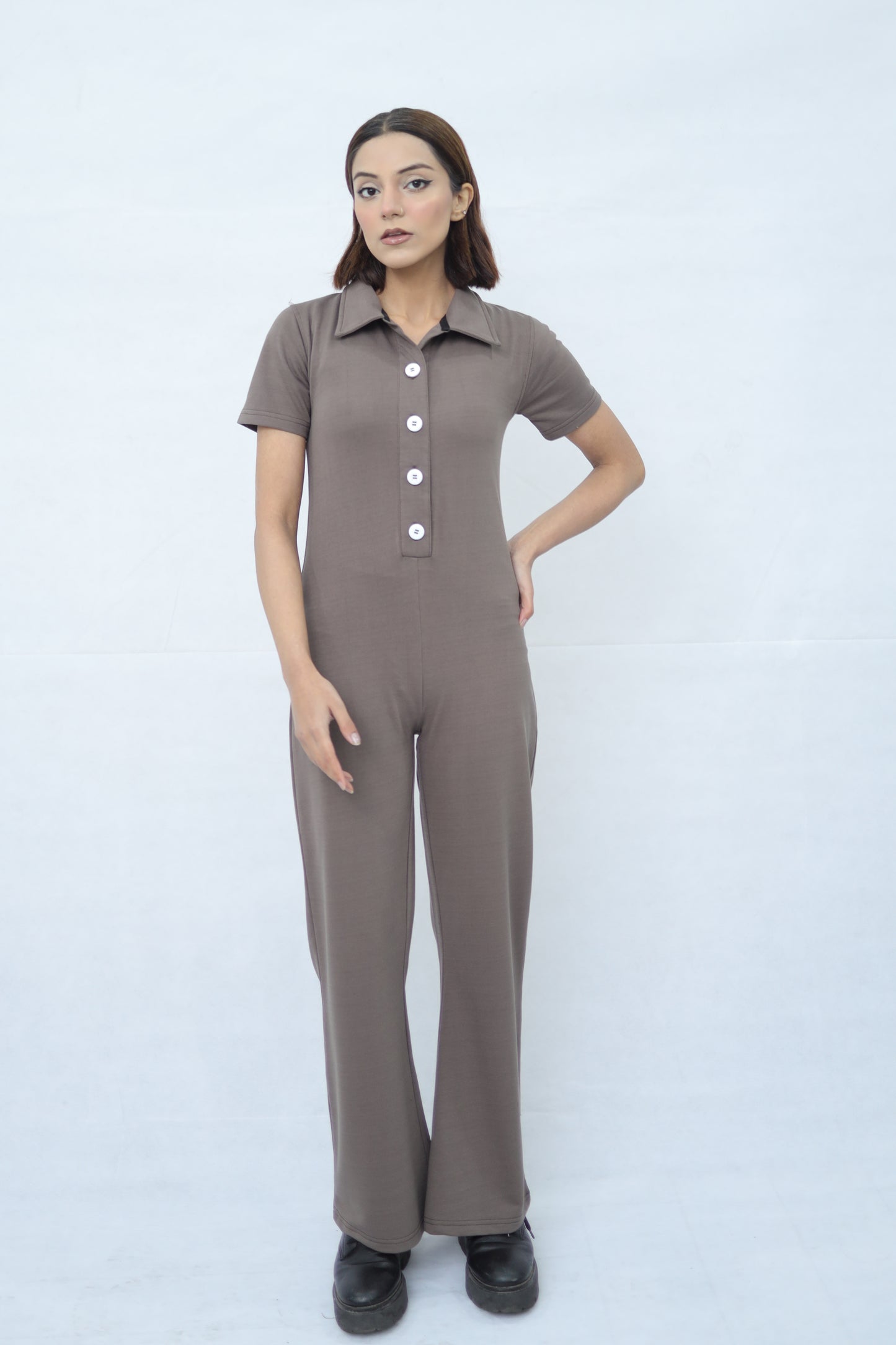 Button Up Collared Jumpsuit