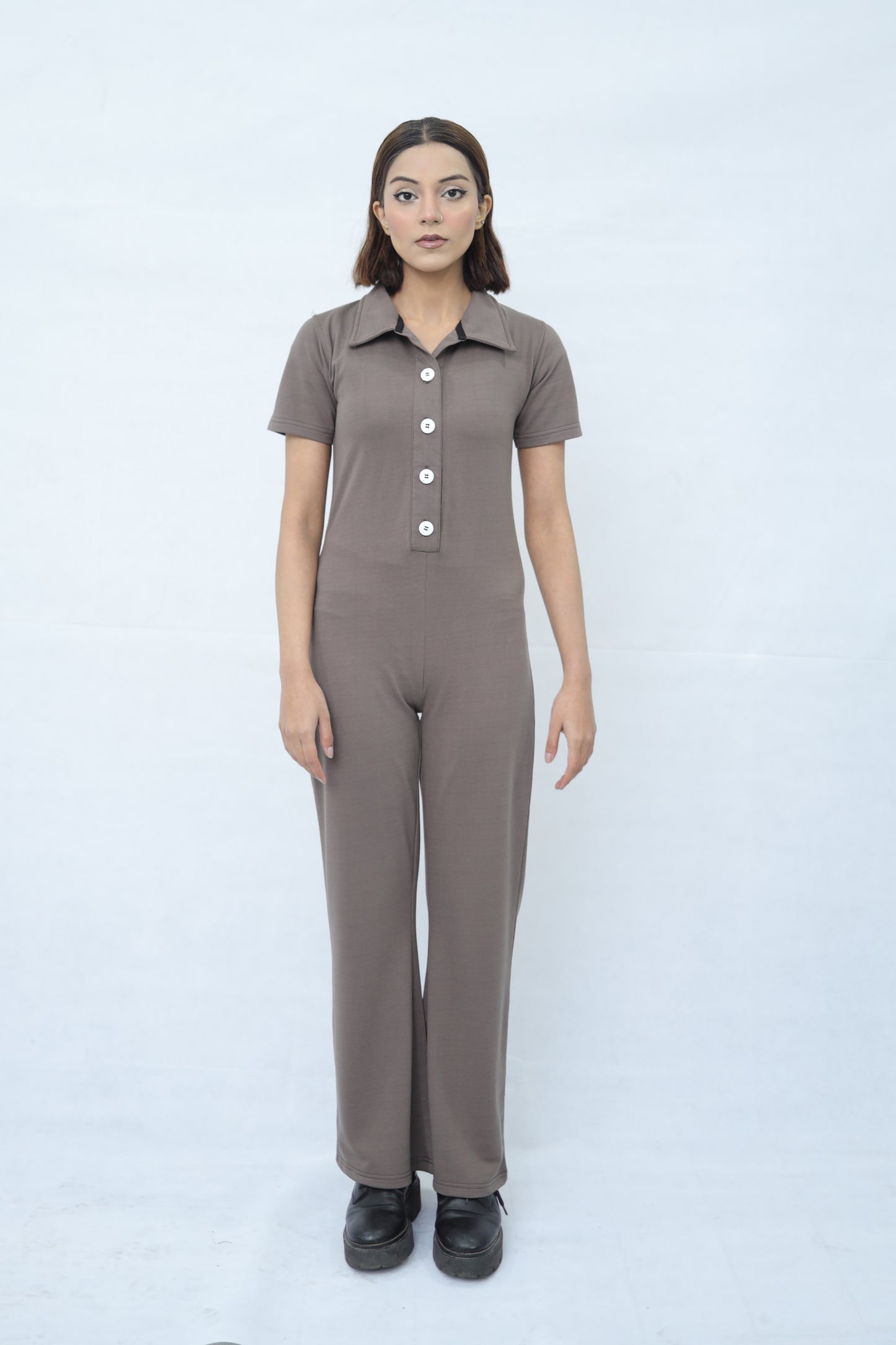 Button Up Collared Jumpsuit