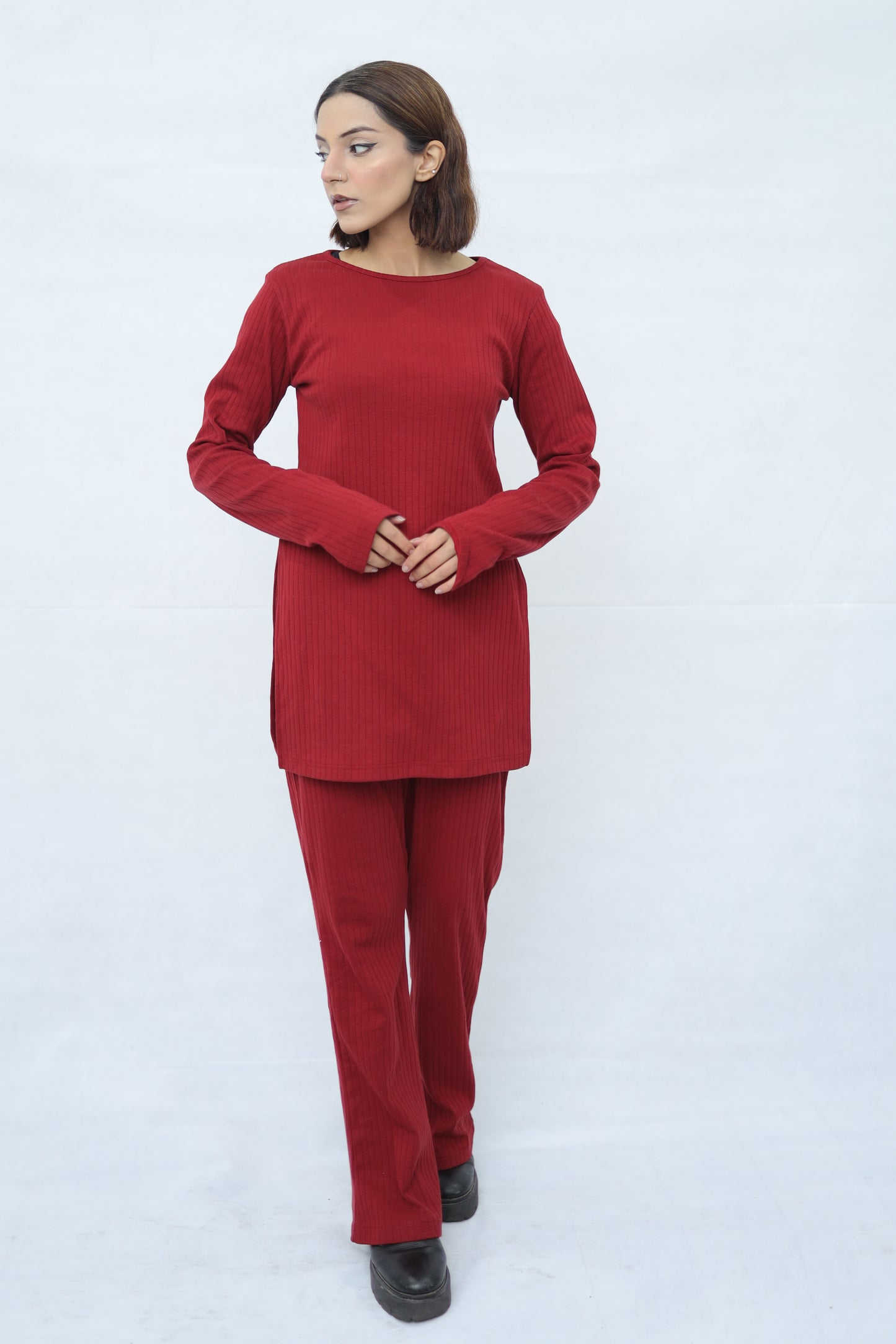 Womens Knitted Co ord Set Maroon