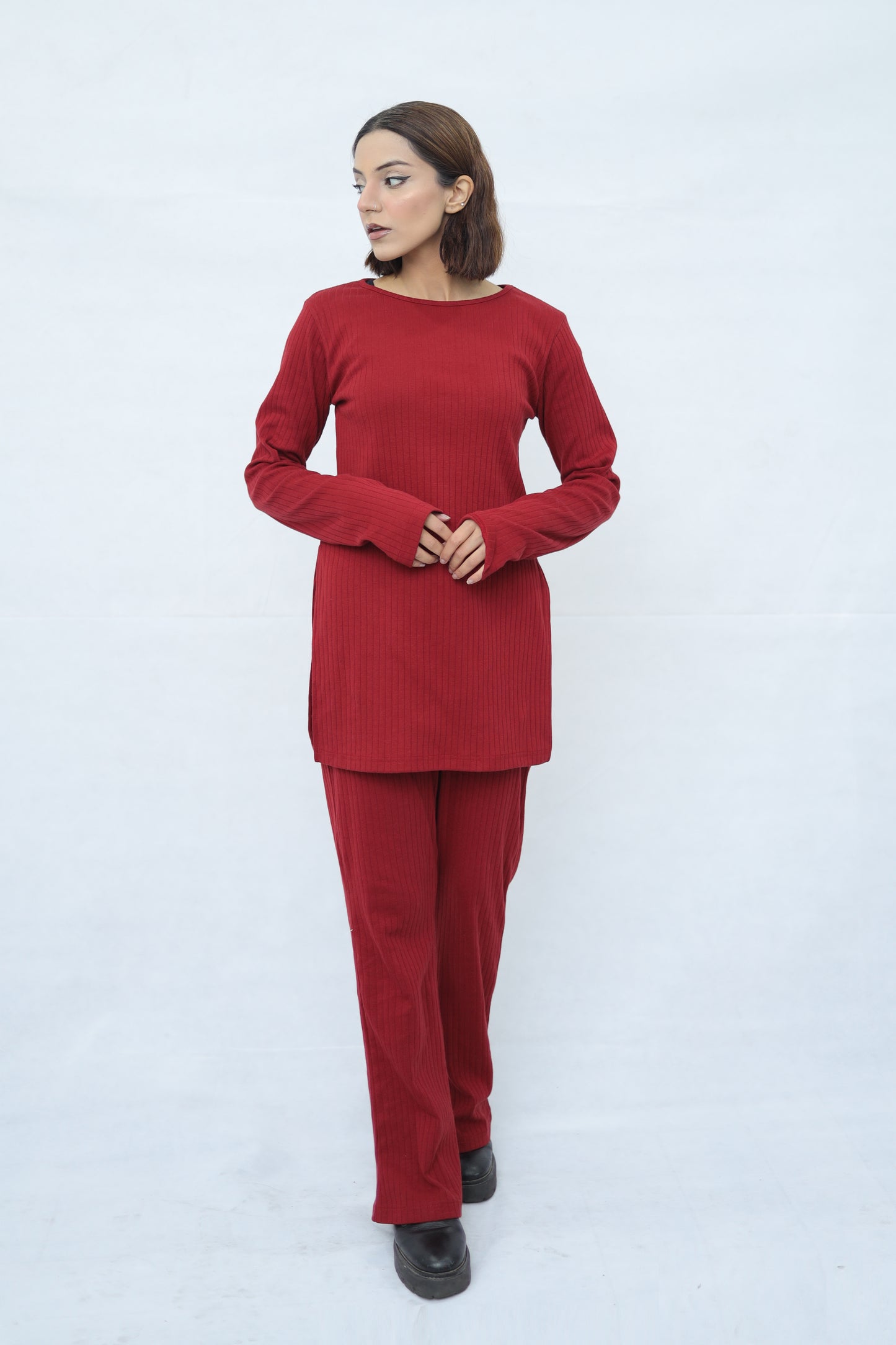 Womens Knitted Co ord Set Maroon