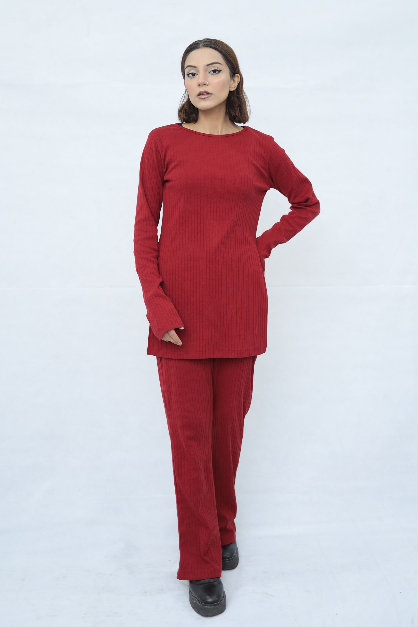 Womens Knitted Co ord Set Maroon