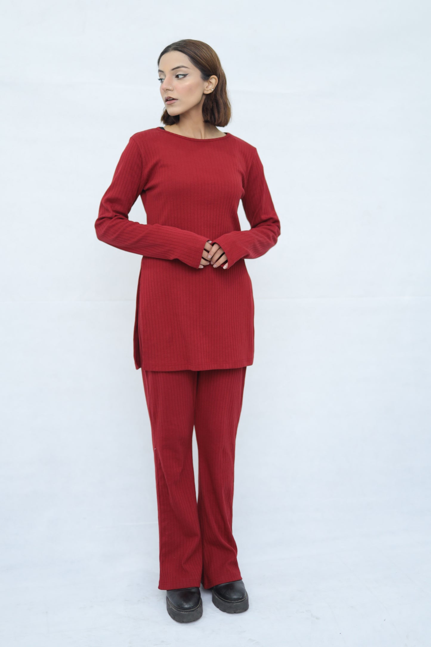 Womens Knitted Co ord Set Maroon